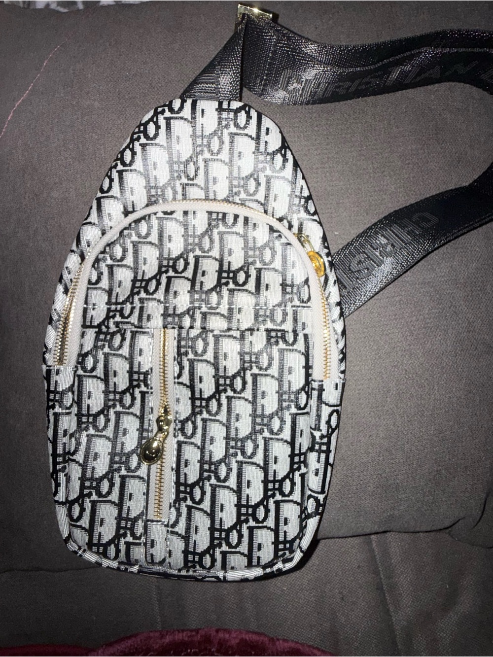 Black & White Crossbody Sling Bag with Gold Accents